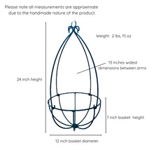 Load image into Gallery viewer, Measurement chart of a hanging plant basket with dimensions and weight.
