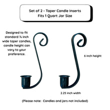Load image into Gallery viewer, Set of 2 taper candle inserts for 1 quart jar size with dimensions and fit information.
