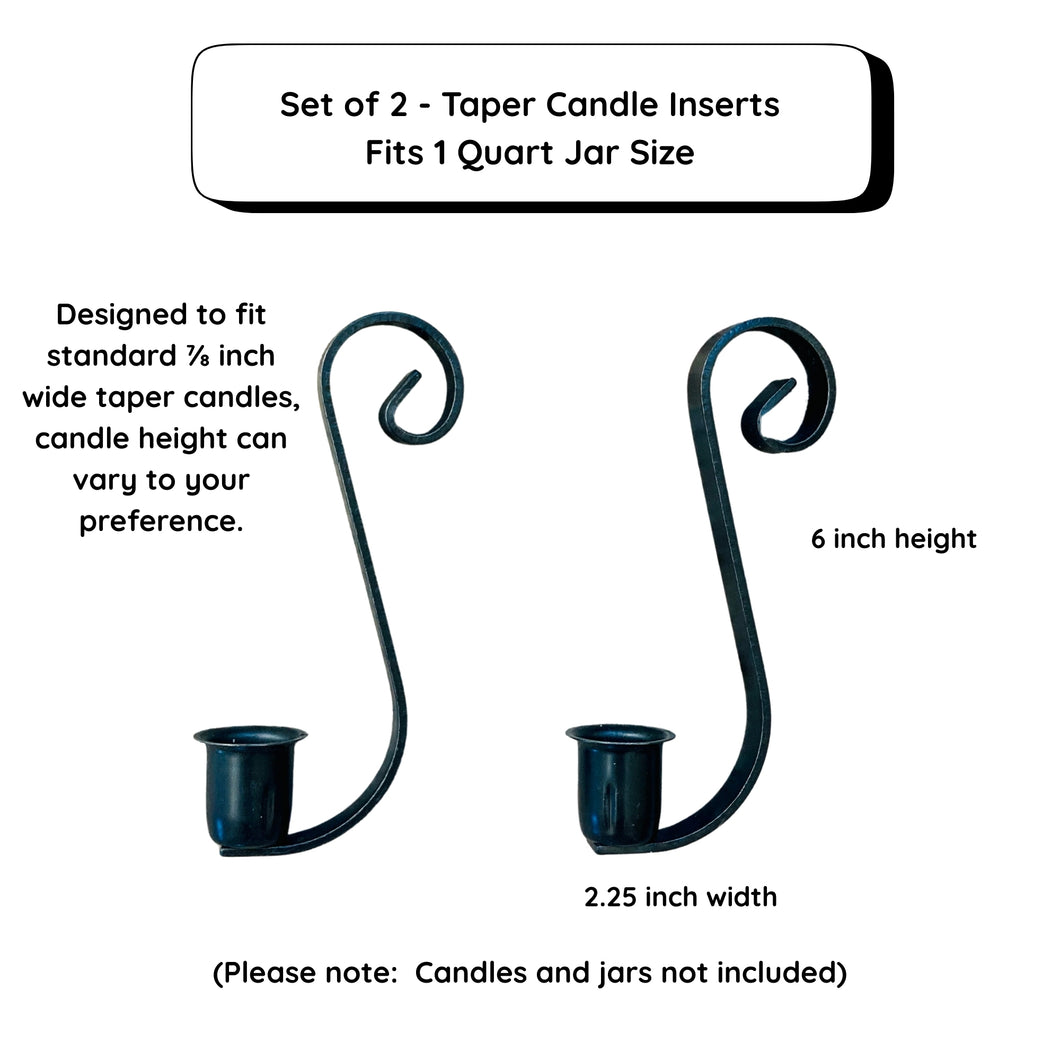 Set of 2 taper candle inserts for 1 quart jar size with dimensions and fit information.