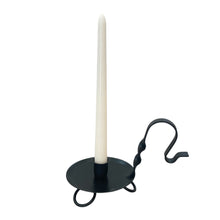Load image into Gallery viewer, Colonial primitive black wrought iron taper candle holder Amish Handmade holding a white taper candle
