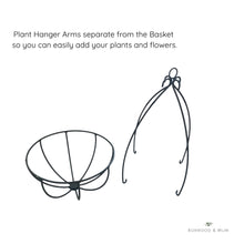 Load image into Gallery viewer, Diagram of a plant hanger with separated arms and basket on a white background, featuring Bonwood &amp; Mum branding.
