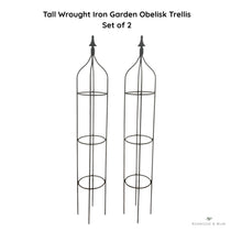 Load image into Gallery viewer, Set of 2 tall black wrought iron garden obelisks for climbing plants and vertical gardening
