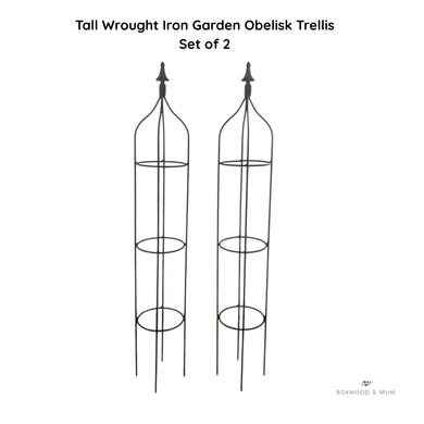 Set of 2 tall black wrought iron garden obelisks for climbing plants and vertical gardening