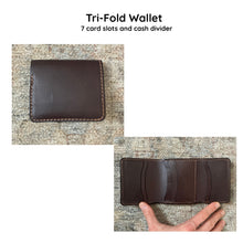 Load image into Gallery viewer, Brown tri-fold wallet with 7 card slots and cash divider on a textured surface.
