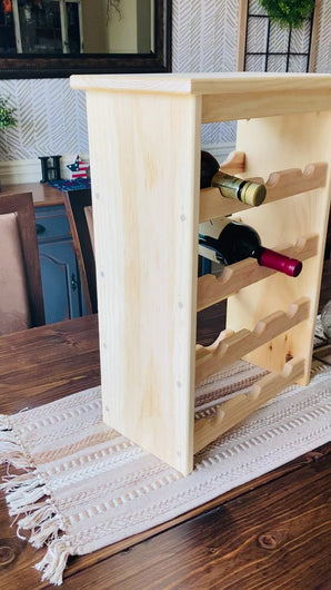 video of wooden wine rack in a farmhouse style dining room