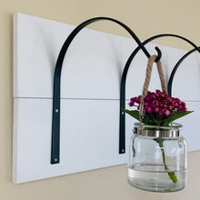 Load and play video in Gallery viewer, Video of 4 large hooks mounted to white board and holding a small hanging jar with a pink hydrangea.
