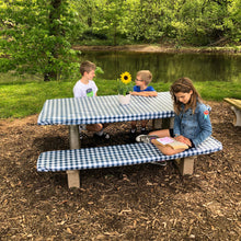 Load image into Gallery viewer, Outdoor Fitted Blue &amp; White Check Picnic Table and Bench Cover Set
