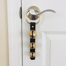 Load image into Gallery viewer, 3 Sleigh Bells hanging from door knob by a brass plated ring
