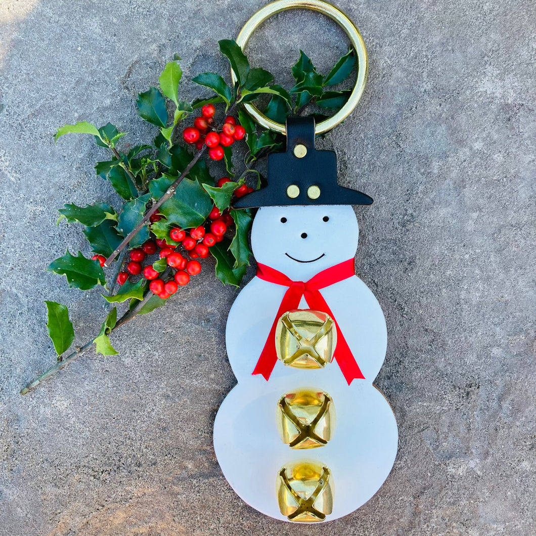 Snowman Bell Door Hanger, Christmas Gift, Amish Handmade, Thick Quality Leather, Brass Plated Bells