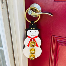 Load image into Gallery viewer, Snowman Bell Door Hanger, Christmas Gift, Amish Handmade, Thick Quality Leather, Brass Plated Bells
