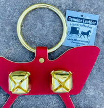 Load image into Gallery viewer, Santa&#39;s Sleigh Bell Door Hanger, Christmas Gift, Amish Handmade, Thick Quality Leather, Brass Plated Bells
