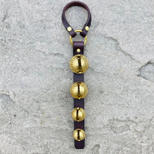 Load image into Gallery viewer, 4 solid brass sleigh bells on leather hanger
