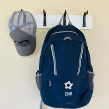 Load image into Gallery viewer, Hooks shown as a backpack and hat holder.  Front view of small size hooks holding a hat on one of the hooks and a backpack hanging from another hook.
