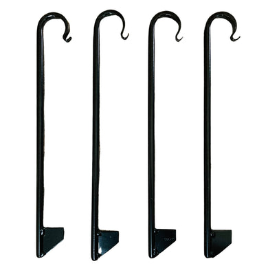 Black Metal Garden Stake Hose Guides with Hook.  Powder Coated, black wrought iron.  Can also be used as plant stake.  Choose between a pack of 4 as pictured or a single hose guide.