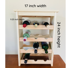Load image into Gallery viewer, Wine bottle holder shown with dimensions of 17 inch width, 24 inch height, 9.25 inch dpeth
